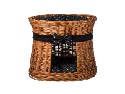 Prútený pelech s búdou prírodný - obšitý s čiernou mašľou