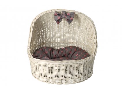 Prútený pelech pre psa so strieškou - biely so šedou mašľou