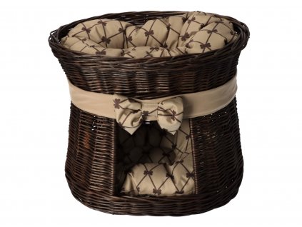 Prútený pelech s búdou tmavý - obšitý béžovou mašľou