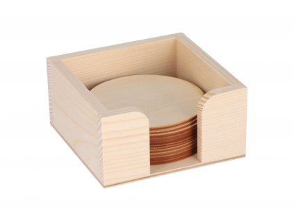 Drevený zásobník s okrúhlymi podložkami 10 ks