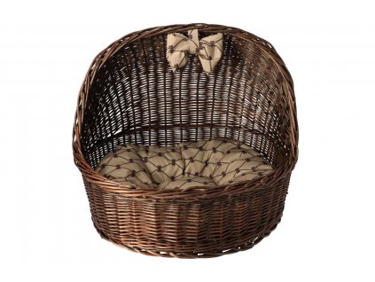 Prútený pelech pre psa so strieškou - tmavý s béžovou mašľou