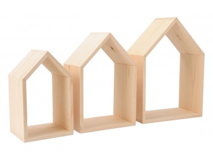 Drevená polička domček otvorená - súprava 3 ks