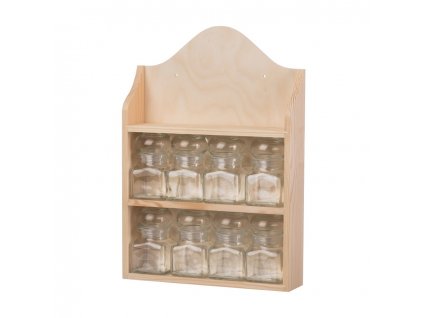 Drevená polička so sklenenými koreničkami II