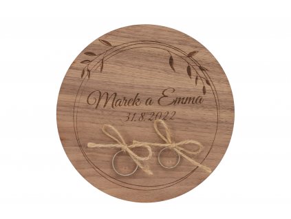 Drevená podložka na snubné prstene orech - jemný veniec