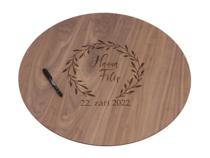 Drevená svadobná ceduľa na podpisy orech - veniec