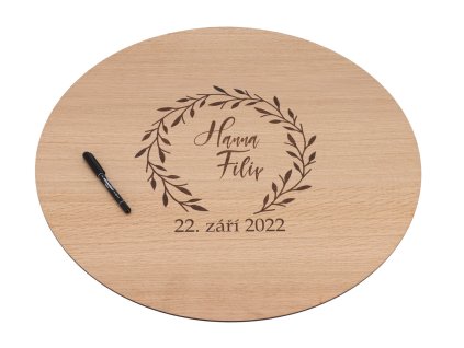 Drevená svadobná ceduľa na podpisy dub - veniec