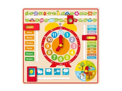Drevený didaktický kalendár s hodinami